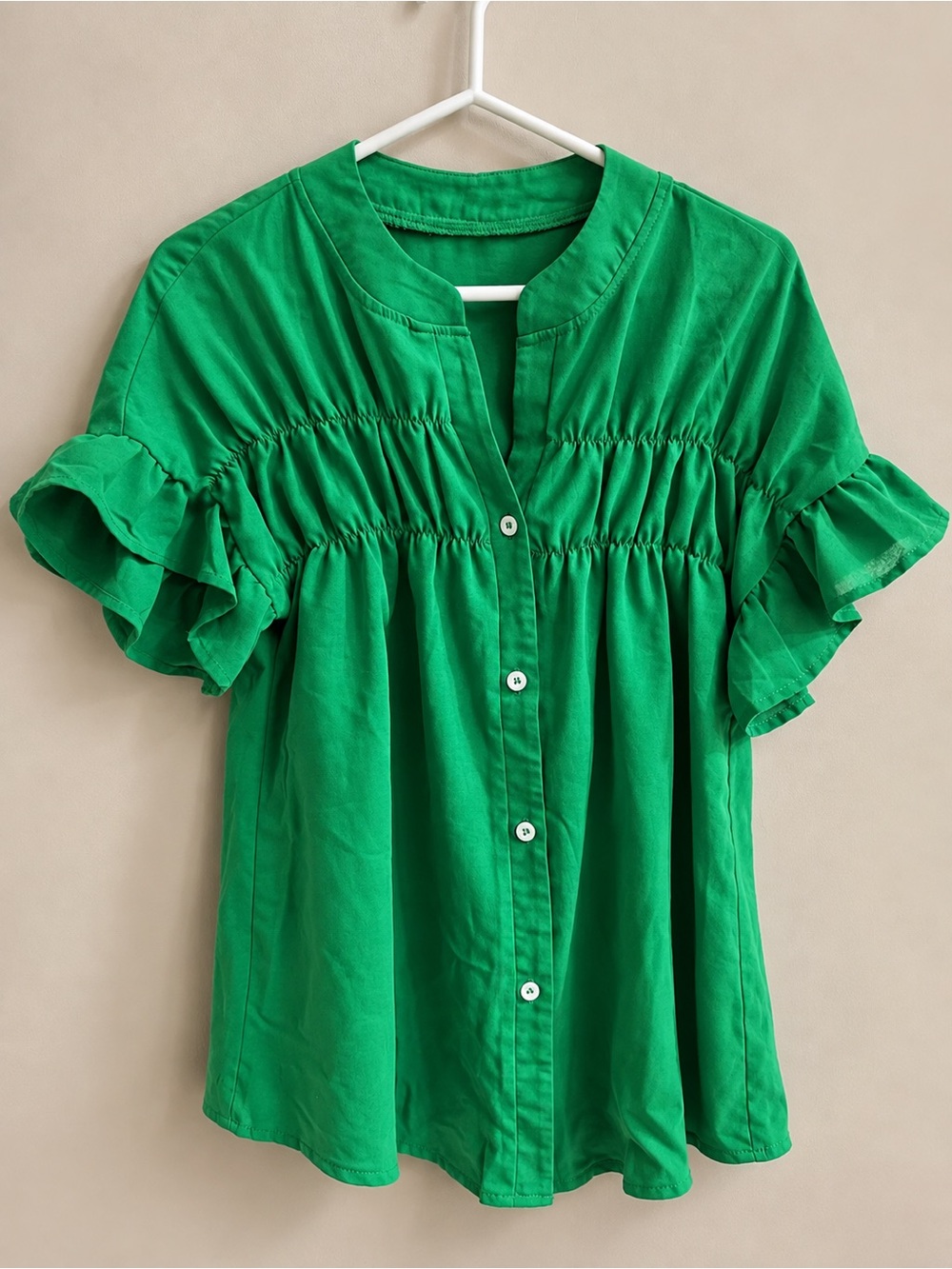 Women's Green Ruffle-Sleeve Button Front Blouse